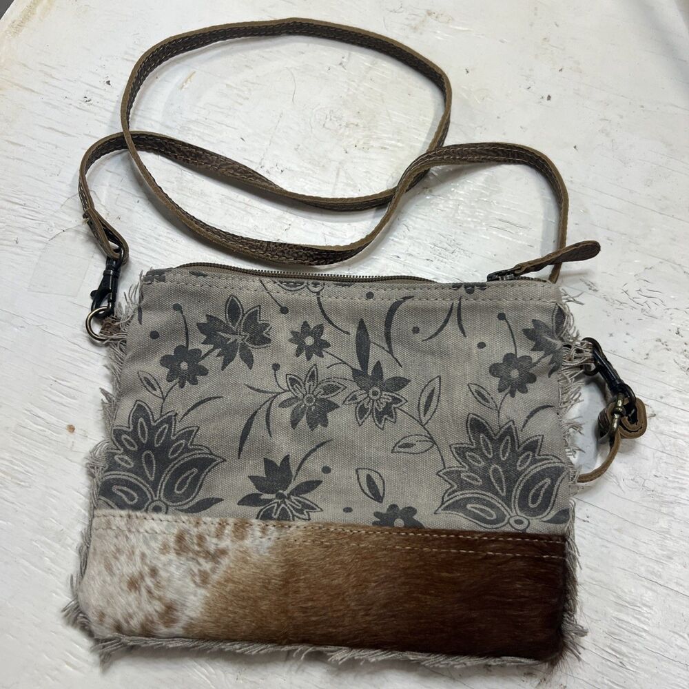Myra Bag Hair on Floral Brown & White Floral Cow Hair Leather Crossbody Purse